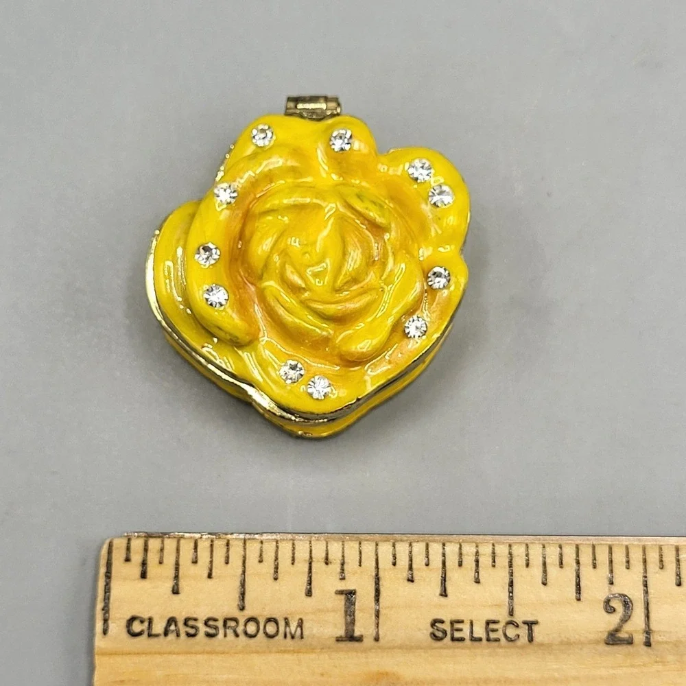 Work of Art Mini Trinket Pill Box Enamel Rose Rhinestone Yellow Shelf Decor